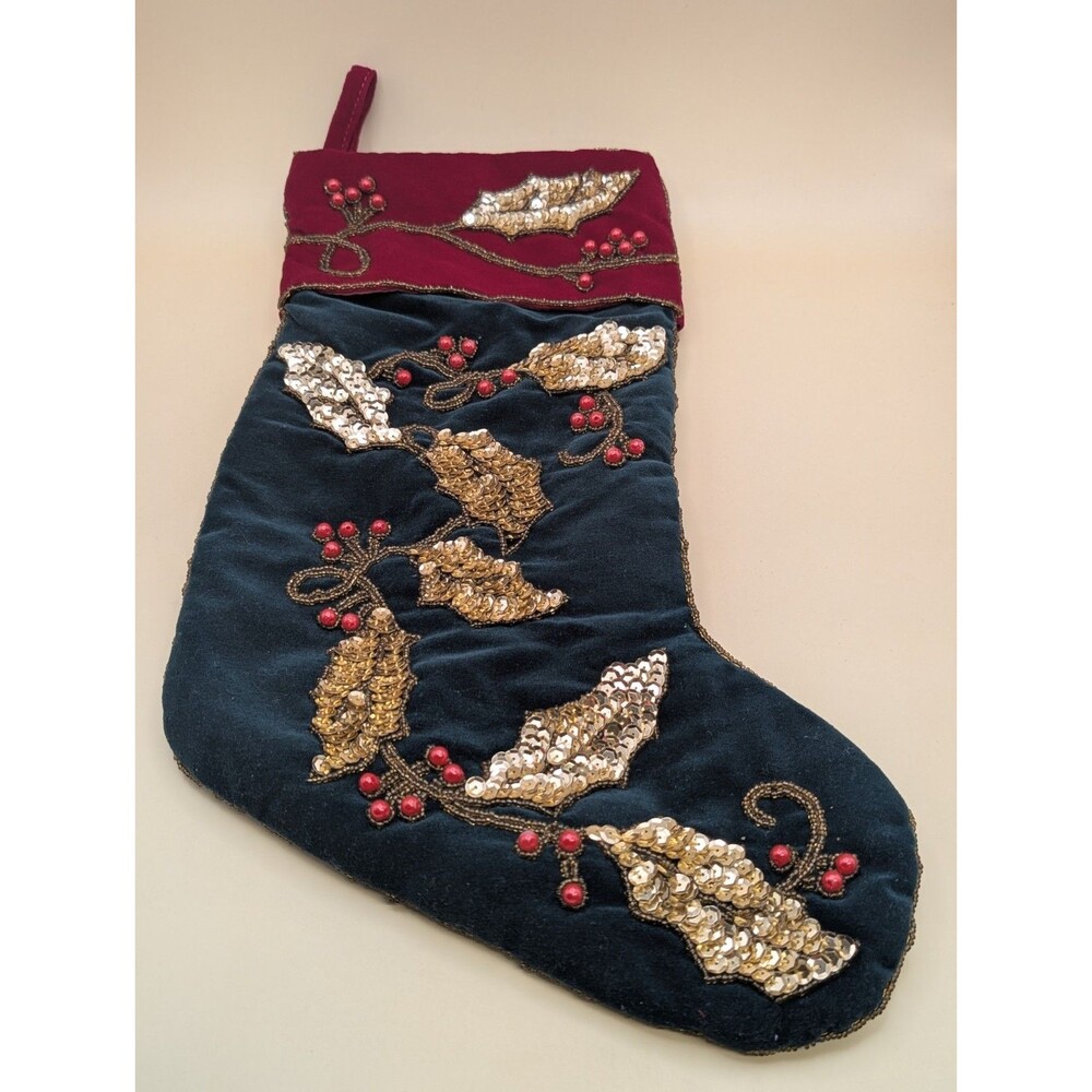 Vintage Velvet Christmas Stocking Beads Gold Sequin Holly Berries Green Burgundy